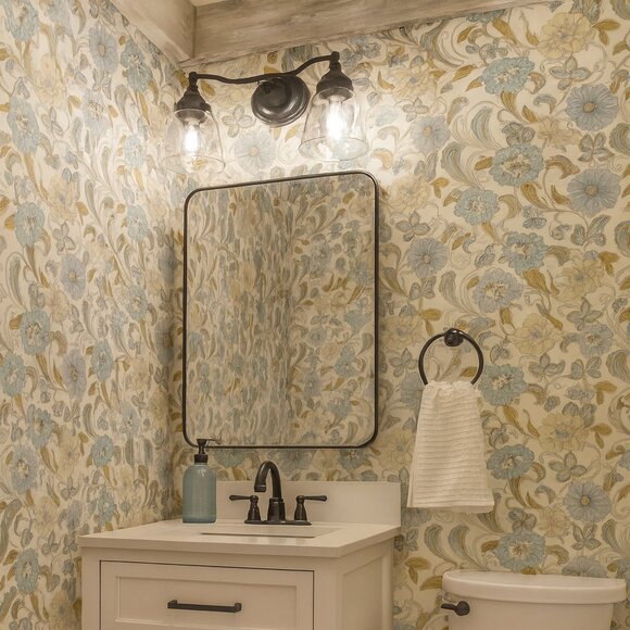 Vintage 1970s Blue and Beige Peony Paisley Motif Wallpaper - Picture 8 of 8